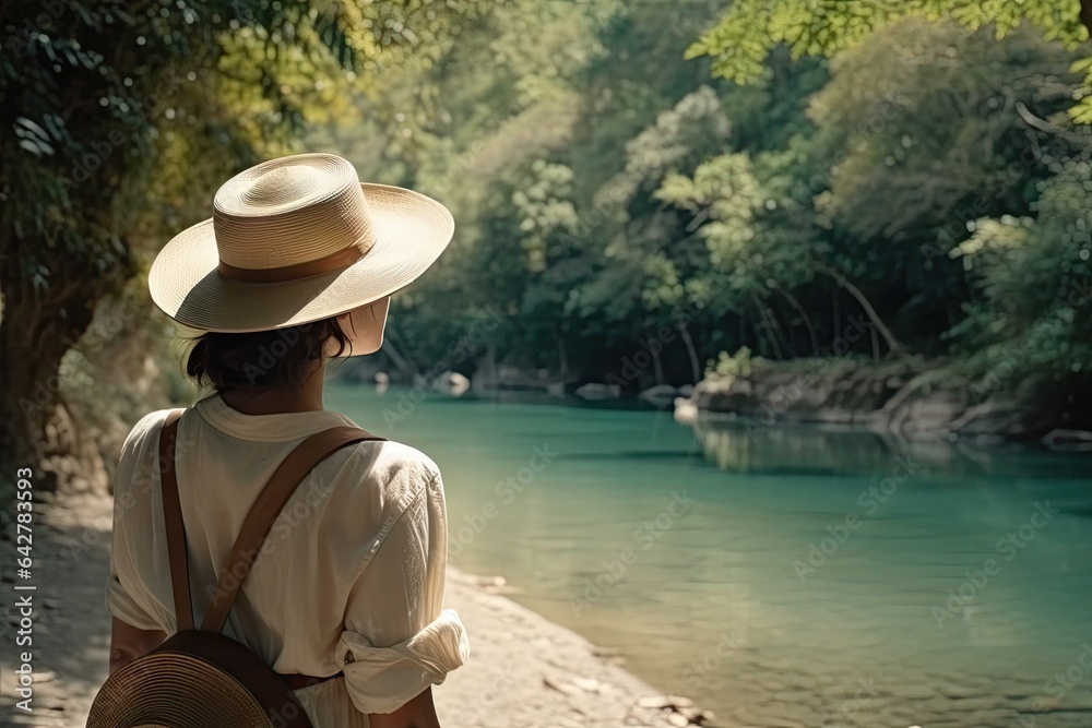 a woman wearing a straw hat looking at the river from her back, with trees and rocks in the background