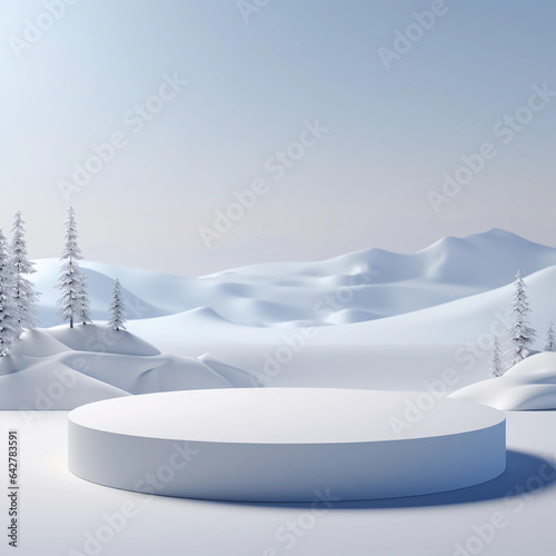 3D podium display, mountain, snow and pine tree, Modern pedestal design for product showcase presentation, Christmas holiday, travel, camping concept, studio lighting, AI generated. © Sunshinemeee