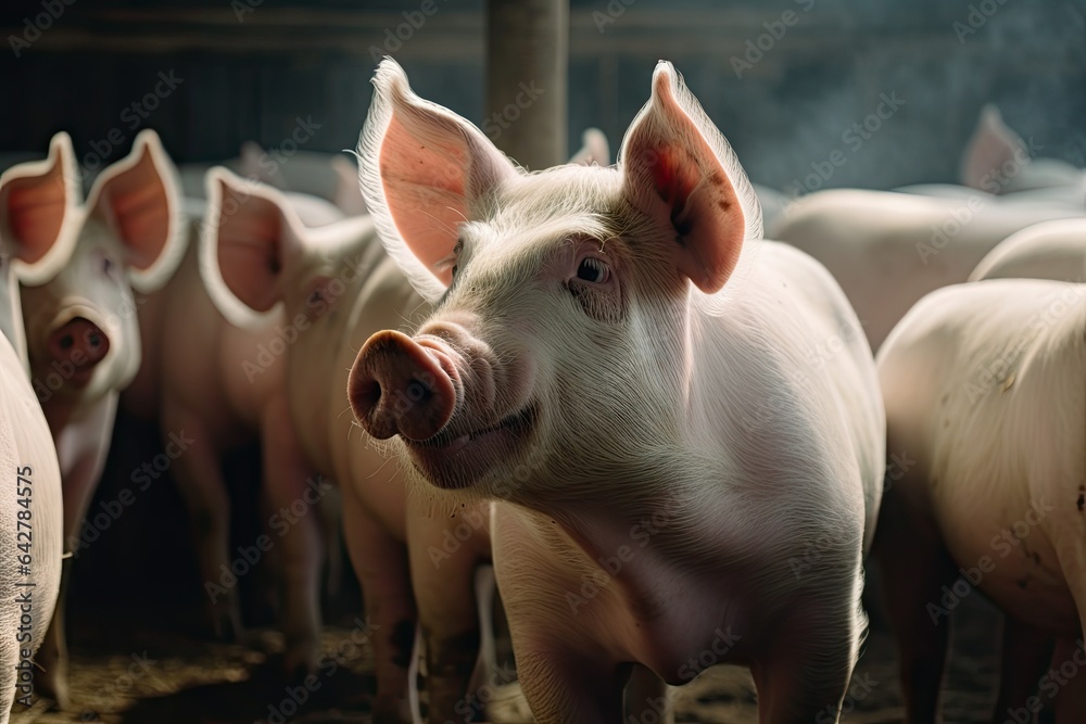 pigs in a barn with one pig sticking its head to the other pig's ear and looking at the camera pigs in a barn with one pig sticking its head to the other pig's ear and looking at the camera