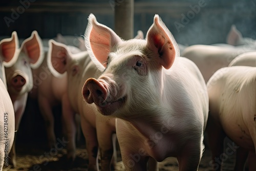 pigs in a barn with one pig sticking its head to the other pig's ear and looking at the camera