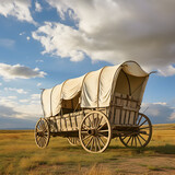 An old fashioned covered wagon from the pioneer and oregon trail days in America. A concept of vintage travel in the 1800's. Generative ai. 