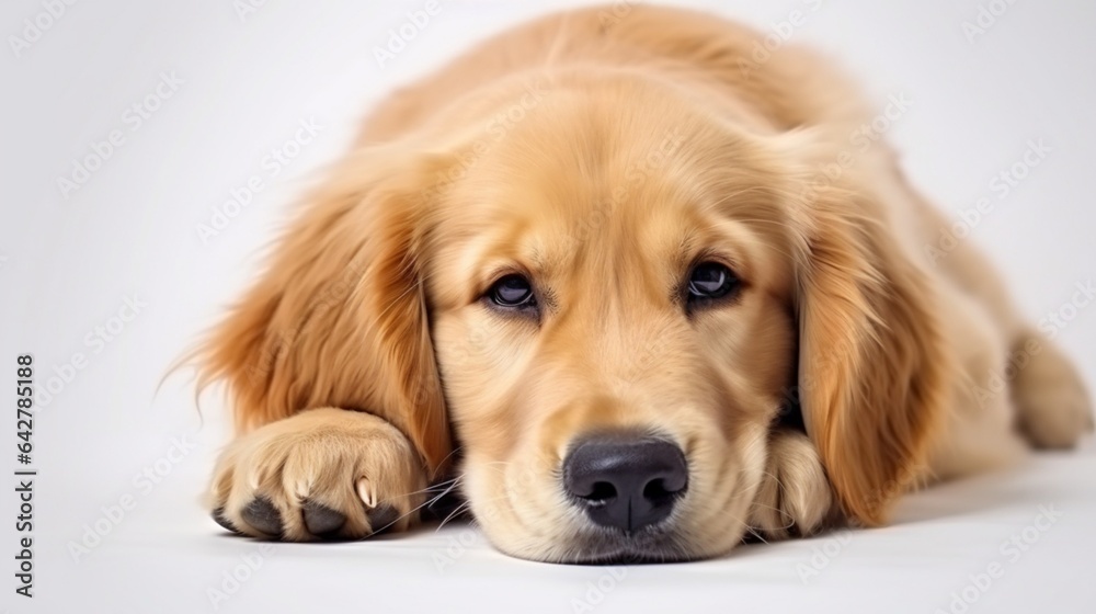 The studio portrait of the puppy dog Golden Retriever lying on the white background, looking at the copy space
