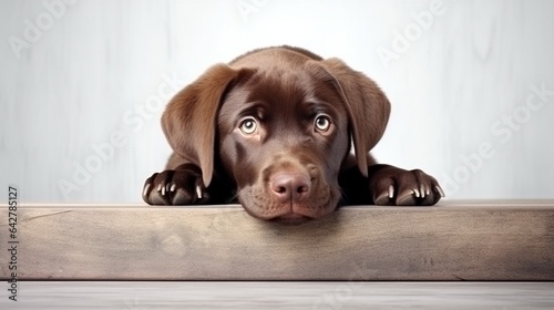 The studio portrait of the puppy dog Labrador lying on the white background, looking at the copy space