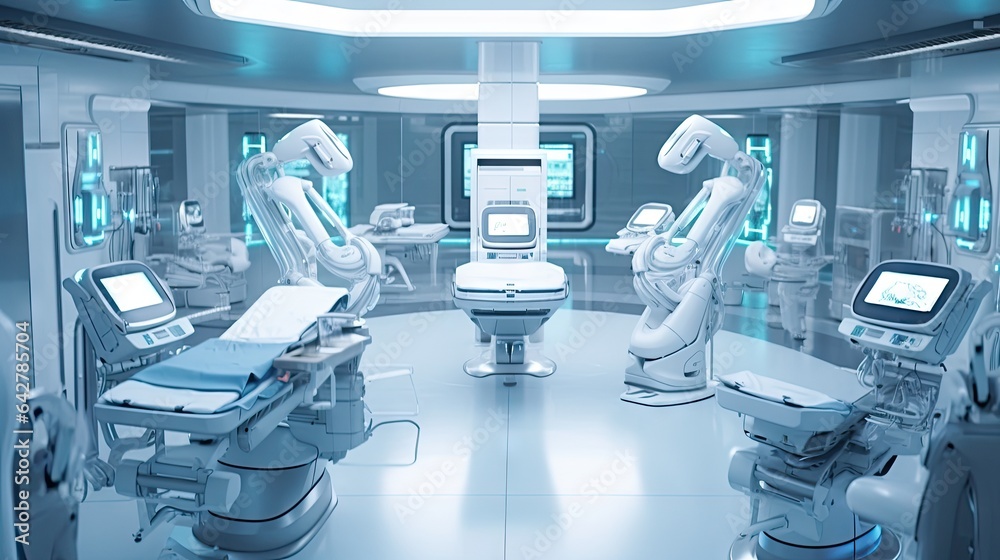 an operating room with many chairs and monitors on the ceiling, all in blue lights are visible to show how they work