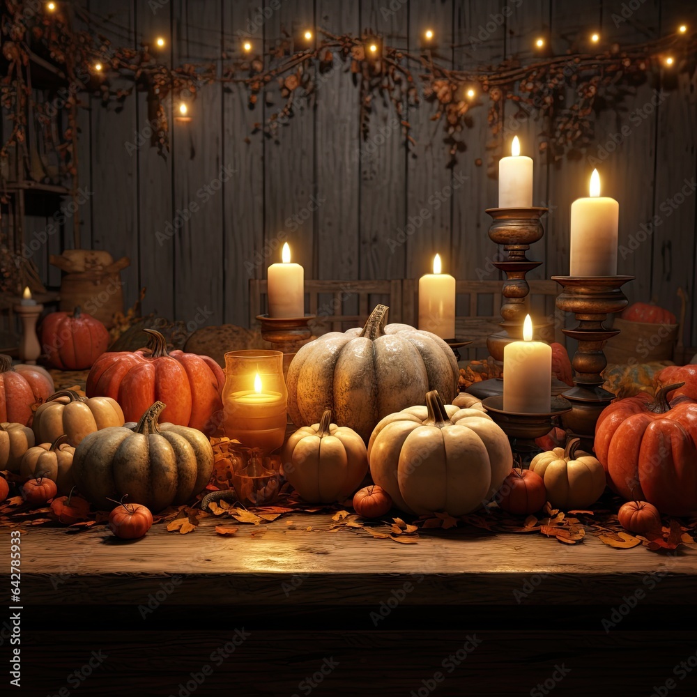 pumpkins and candles in front of an old wooden table with autumn leaves on the table, surrounded by lights pumpkins and candles in front of an old wooden table with autumn leaves on the table, surrounded by lights