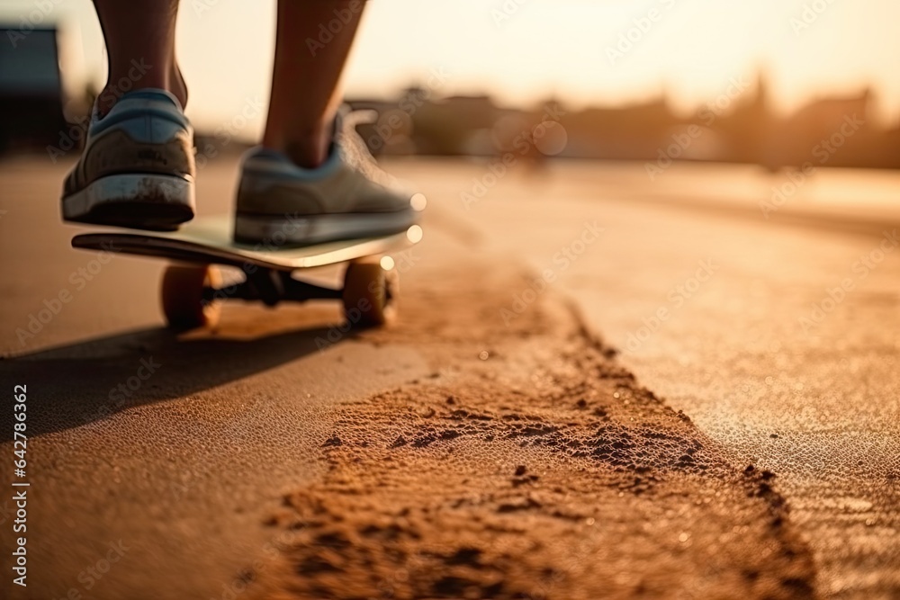 someone standing on a skateboard in the middle of the road, with their feet touching each other one's toes someone standing on a skateboard in the middle of the road, with their feet touching each other one's toes