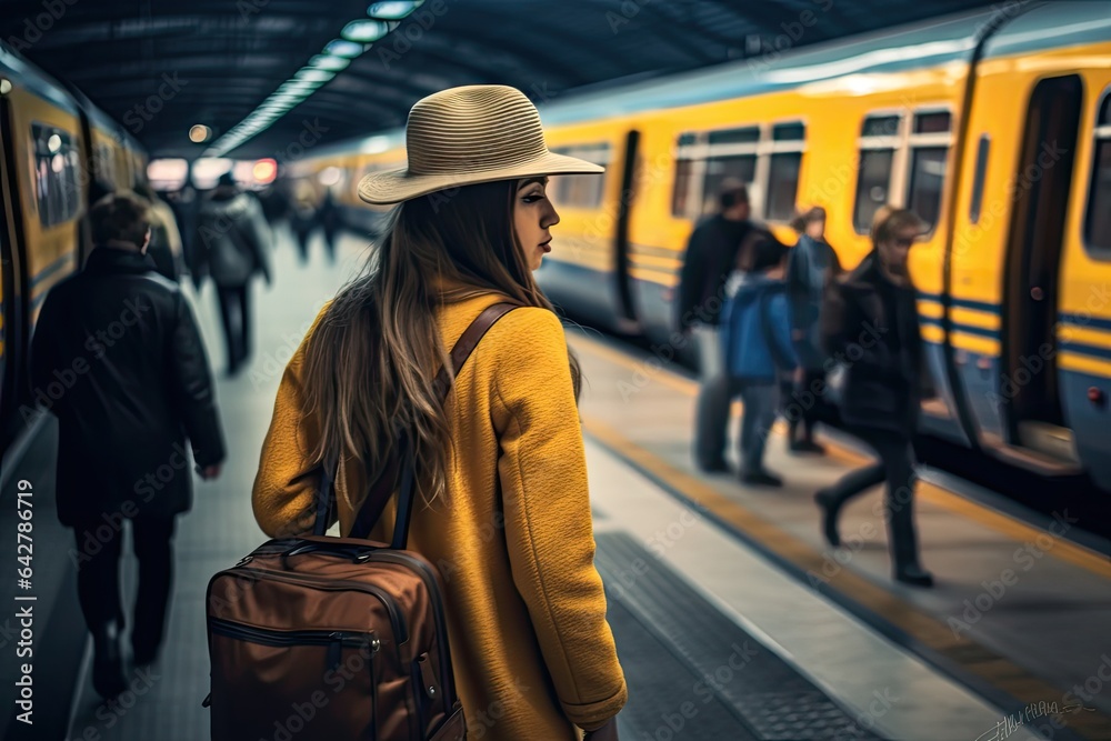 a woman waiting at a train station with her back to the camera she is wearing a hat and carrying a brown bag a woman waiting at a train station with her back to the camera she is wearing a hat and carrying a brown bag