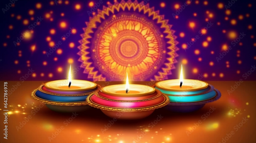 Diwali festival celebration, colorful diyas candles oil lamps and clay lamps glowing in the dark, festival of lights background illustration. Diwali festival celebration, colorful diyas candles oil lamps and clay lamps glowing in the dark, festival of lights background illustration.