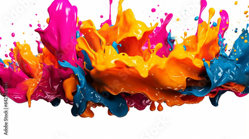 Colorful acrylic paint fluid explosion splasing in the air isolated on white, celebration and creativity concept modern abstract background.