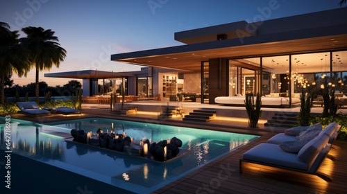 A contemporary poolside escape in a modern outdoor setting. Stylish residence