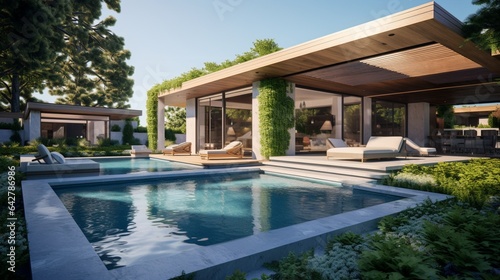 A contemporary poolside oasis in an outdoor area. Modern dwelling © DESIRED_PIC