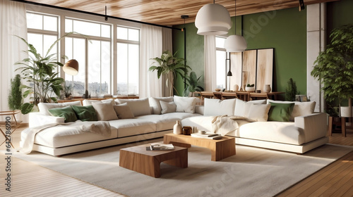 Green living room interior design with neutral color sofa, indoor plant and wall art, modern minimal japandi scandinavian living room 3d illustration. 
