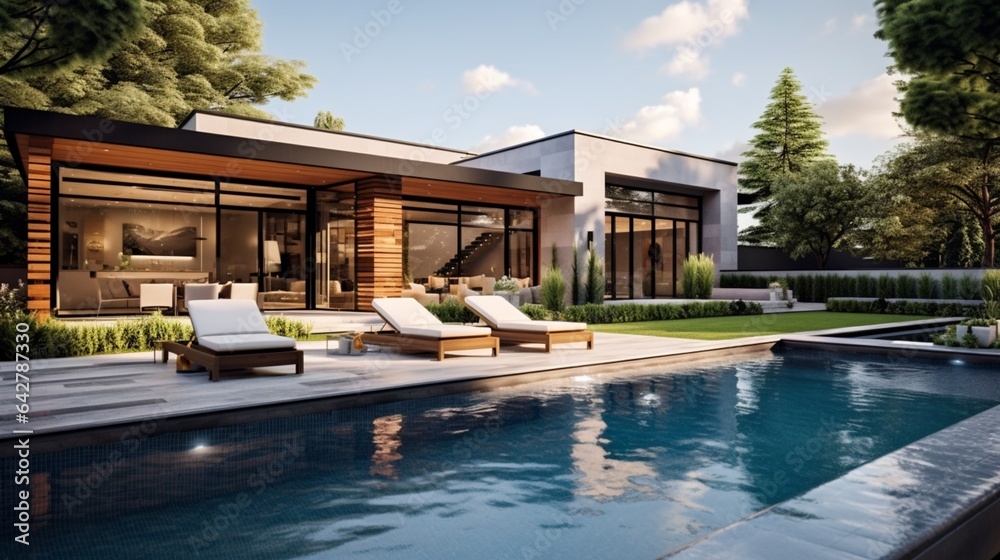 A modern backyard with an inviting swimming pool. Contemporary home