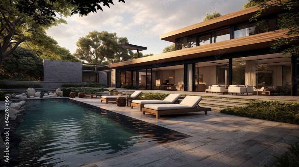 A modern outdoor escape featuring a refreshing pool. Contemporary residence