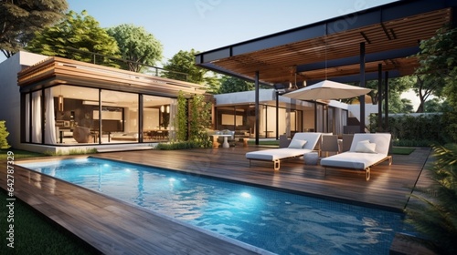 A modern backyard with an inviting swimming pool. Contemporary home © DESIRED_PIC