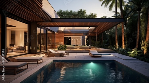 A modern outdoor escape featuring a sparkling pool. Stylish residence