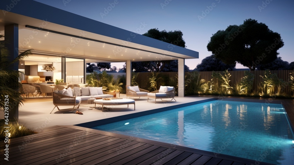 A modern poolside area in a contemporary outdoor space. Stylish dwelling