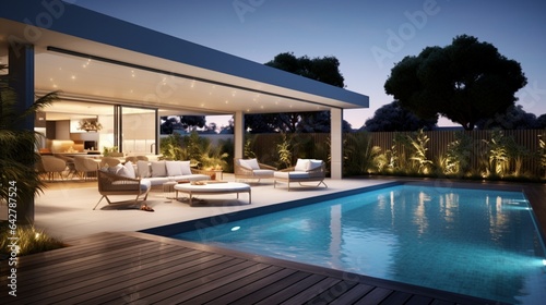 A modern poolside area in a contemporary outdoor space. Stylish dwelling © DESIRED_PIC