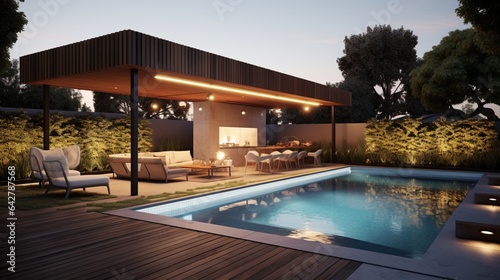 A modern poolside area in a contemporary outdoor space. Stylish dwelling