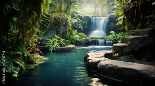 a picture of a mountain waterfall cascading down into a crystal-clear pool, surrounded by lush greenery