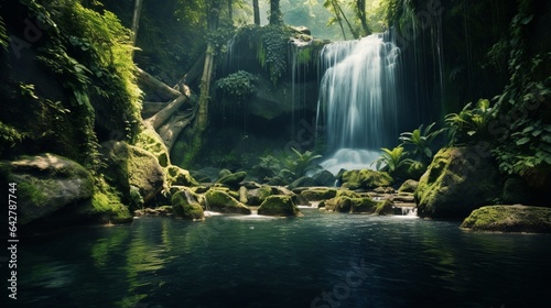 a picture of a mountain waterfall cascading down into a crystal-clear pool  surrounded by lush greenery