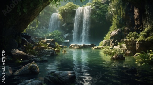 a picture of a mountain waterfall cascading down into a crystal-clear pool, surrounded by lush greenery