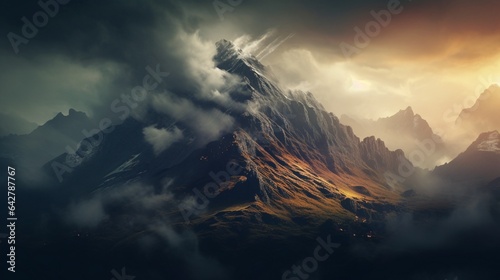 a picture of a rugged mountain peak shrouded in clouds  with the first rays of sunlight breaking through