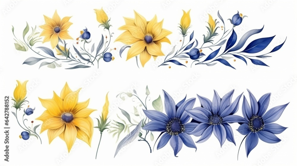 A set of flowers sunflower and lily, against an isolated white background, Indigo Blue Color