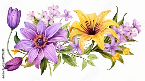 A set of flowers sunflower and lily  against an isolated white background  Lilac Purple Color