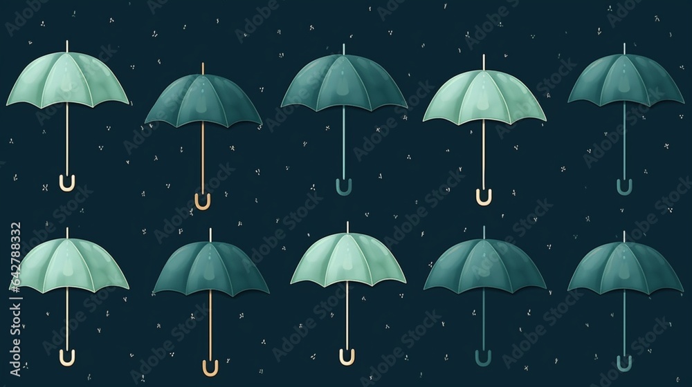A set of raindrops and umbrellas, against an isolated navy blue background, Pastel Green Color