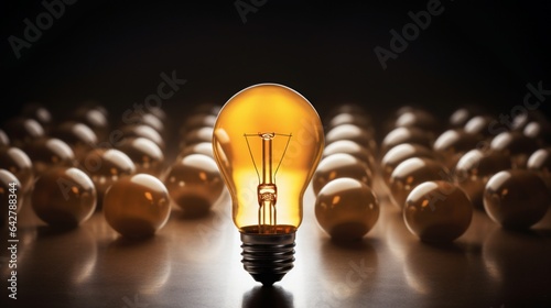 A Single Radiant Lightbulb Amidst a Group of Turned-Off Bulbs in a Dim Area, with Adequate Space for Creative Thought and Problem Solving
