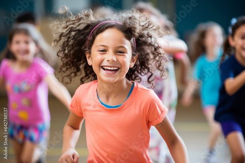 Mädchen lacht und hat Spaß beim Sportunterricht für Kinder in der Turnhalle, Kinderturnen, Gesunde Bewegungsförderung