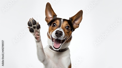 A Smiling Brown and White Basenji Pooch Eagerly Giving a High Five, Set Against a White Background © DESIRED_PIC