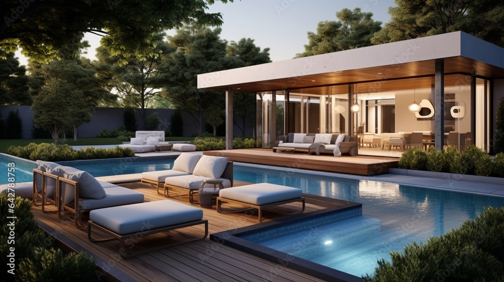 A stylish outdoor patio with a refreshing pool. Contemporary dwelling