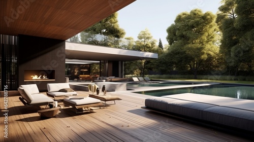 A sophisticated outdoor terrace complete with a pool. Modern residence
