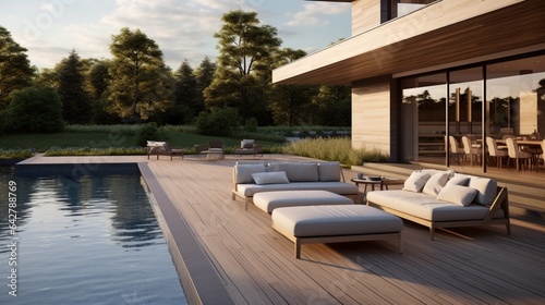 A stylish outdoor patio with a refreshing pool. Contemporary dwelling © DESIRED_PIC