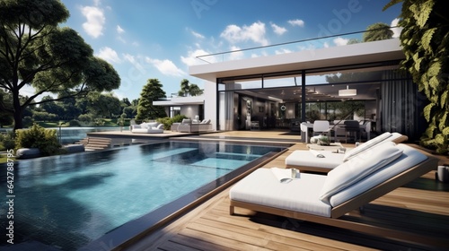 A stylish outdoor terrace with a refreshing pool. Contemporary house