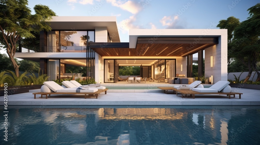 A trendy outdoor setting with a beautiful pool. Contemporary abode