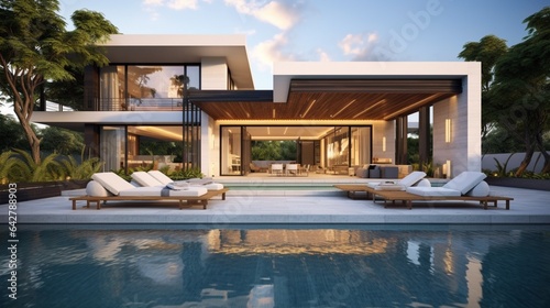 A trendy outdoor setting with a beautiful pool. Contemporary abode © DESIRED_PIC