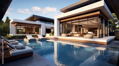 A trendy pool area with an inviting swimming pool. Contemporary abode