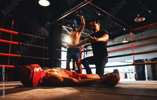 Boxing referee intervene, halting the fight to check fallen competitor after knock out. Referee pauses the action for boxer fighter\'s safety after KO with winner posing in background. Impetus