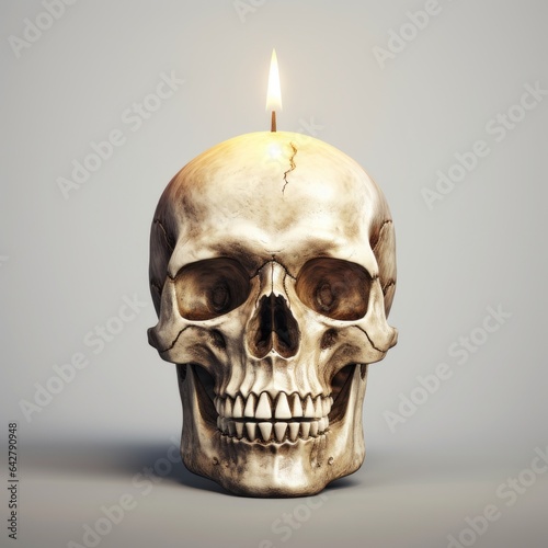 Enigmatic Illumination: A Melting Candle atop a Realistic Human Skull on a White Canvas
