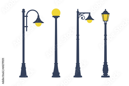 Street lighting. Lighting outdoor garden fixture flat set. night city landscape elements. flat style design vector