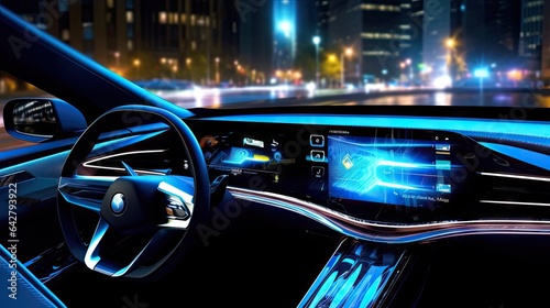 the inside of a car with its dashboard and steerings illuminated in bright blue, as seen from the driver's perspective