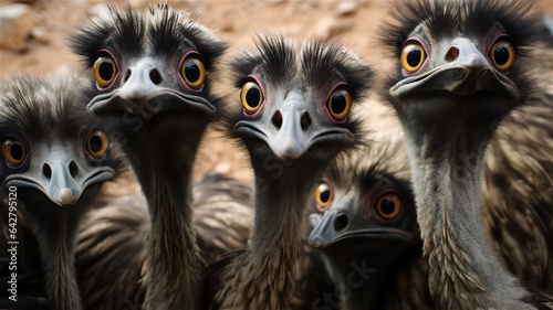 Slika na platnu A group of curious flightless emu birds looking at the viewer