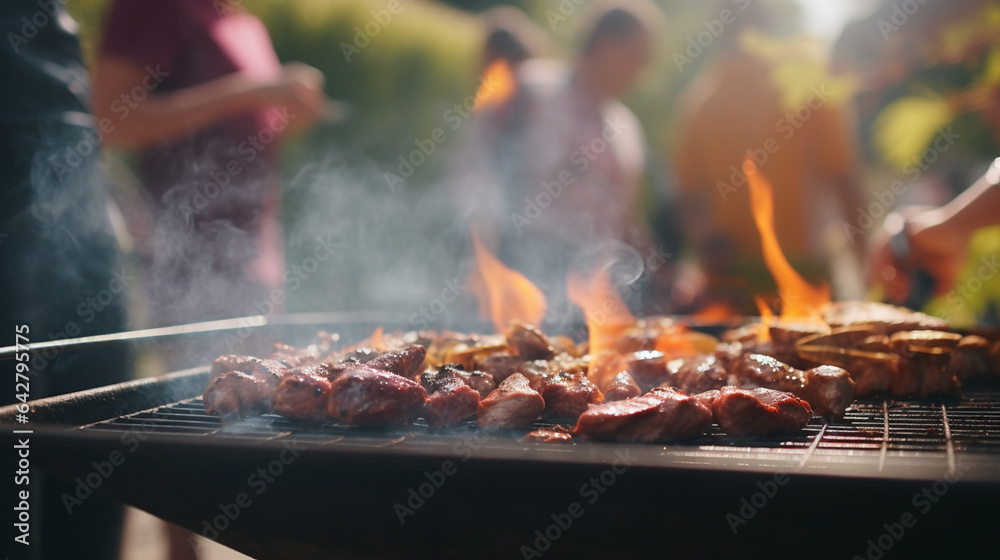 barbeque. cooking meat using barbecue and people in the background. generative ai