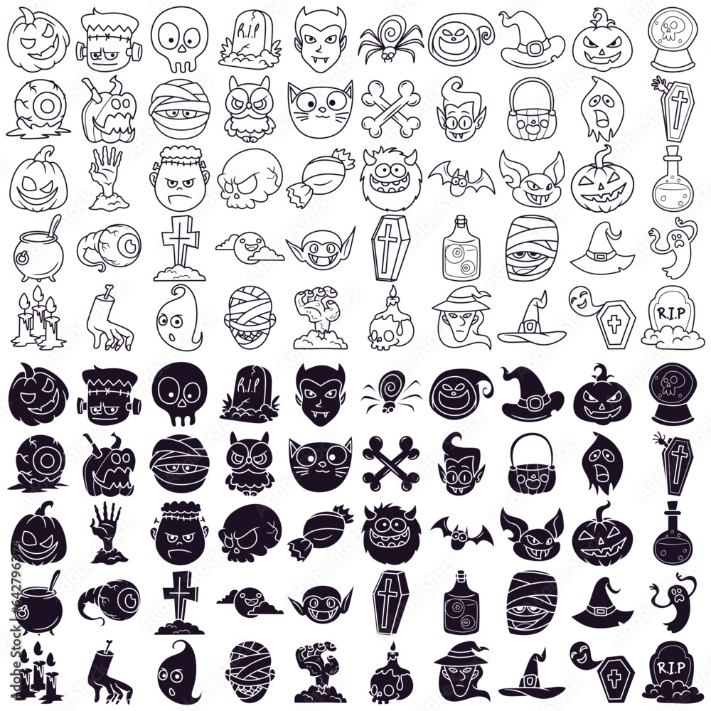 Premium vector collection of line art and silhouette stickers with a Halloween theme