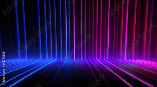 3D depiction of pink, blue, and neon rising lines on a black backdrop. Generative Ai.