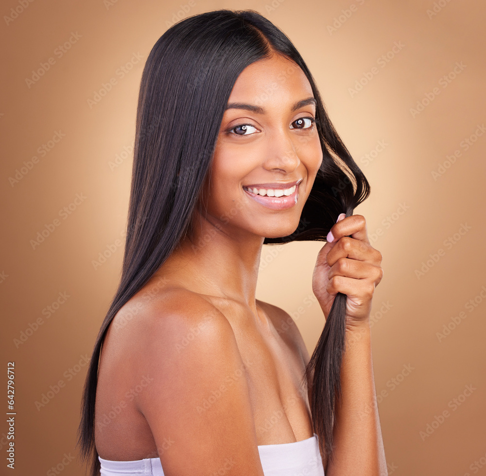 Beauty, hair and happy with portrait of woman in studio for keratin, salon treatment and texture. Shampoo, health and growth with face of model on brown background for glamour, shine and hairstyle Beauty, hair and happy with portrait of woman in studio for keratin, salon treatment and texture. Shampoo, health and growth with face of model on brown background for glamour, shine and hairstyle