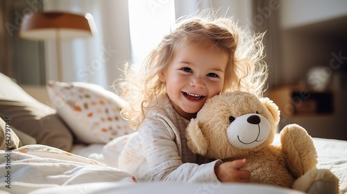 A cute girl playing with a teddy bear. Generative Ai.